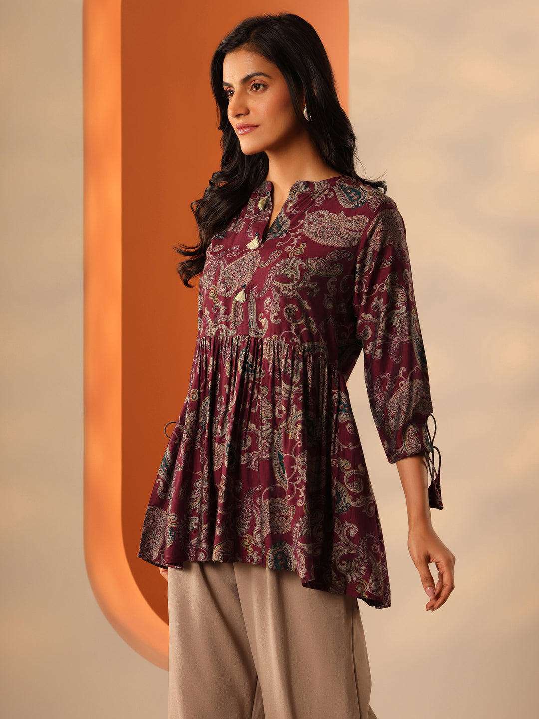 Maroon Printed Rayon Straight Short Kurti