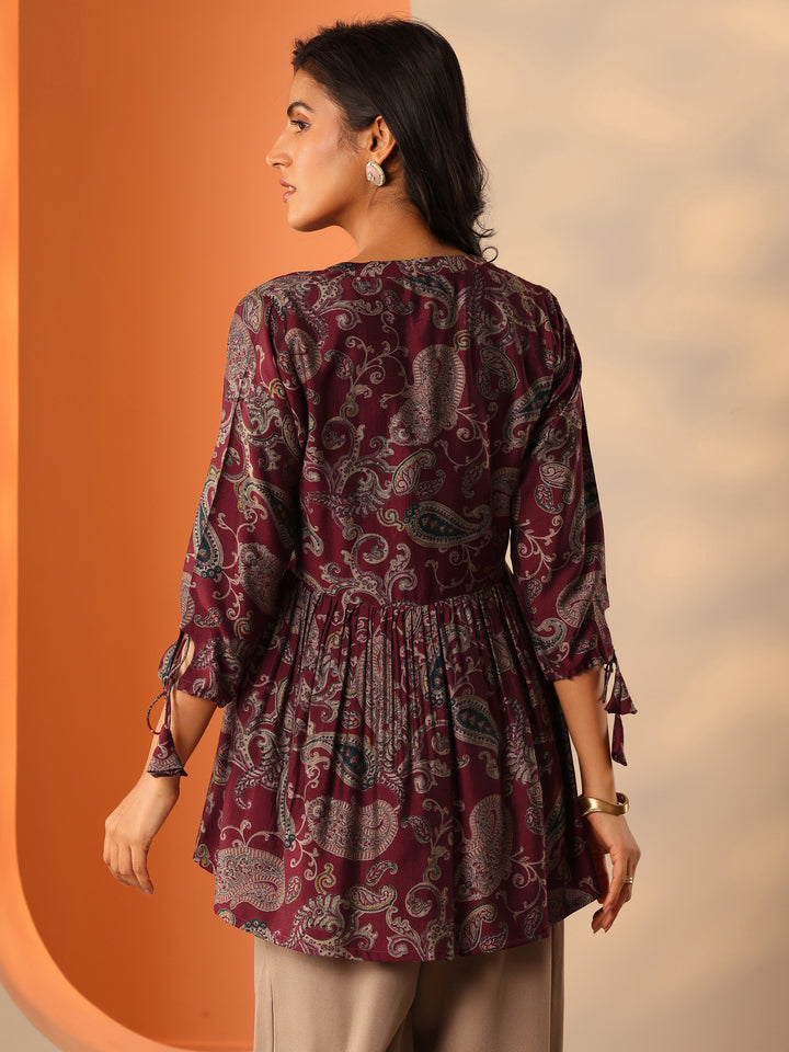 Maroon Printed Rayon Straight Short Kurti