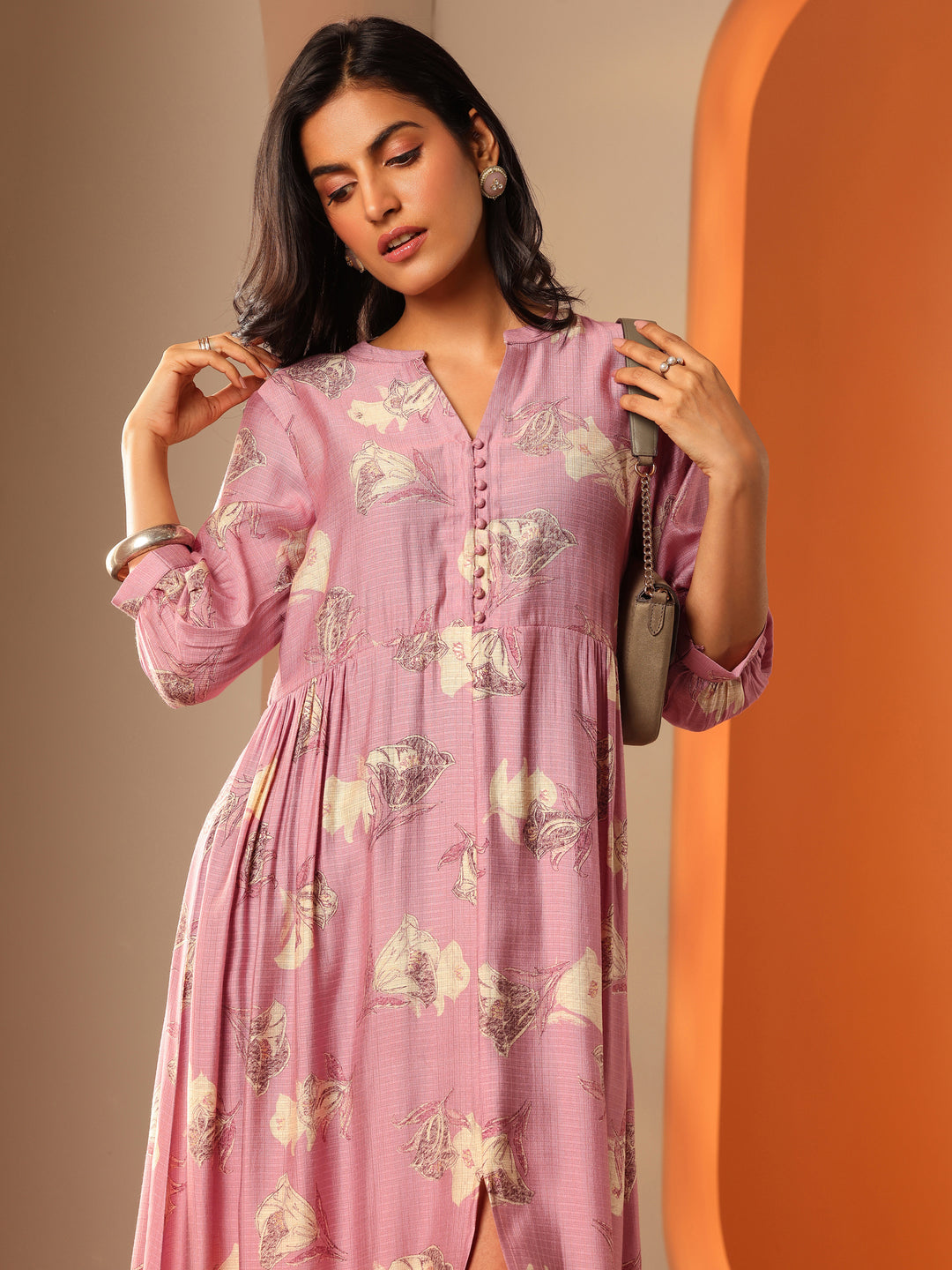 Pink Printed Silk Blend Fit And Flare One Piece Dress