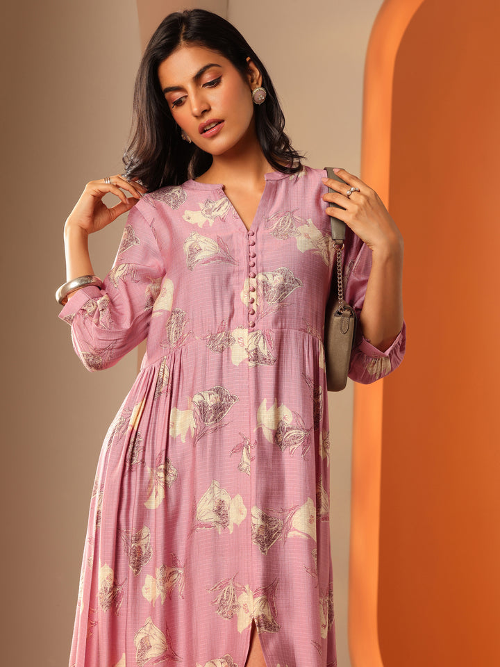 Pink Printed Silk Blend Fit And Flare One Piece Dress