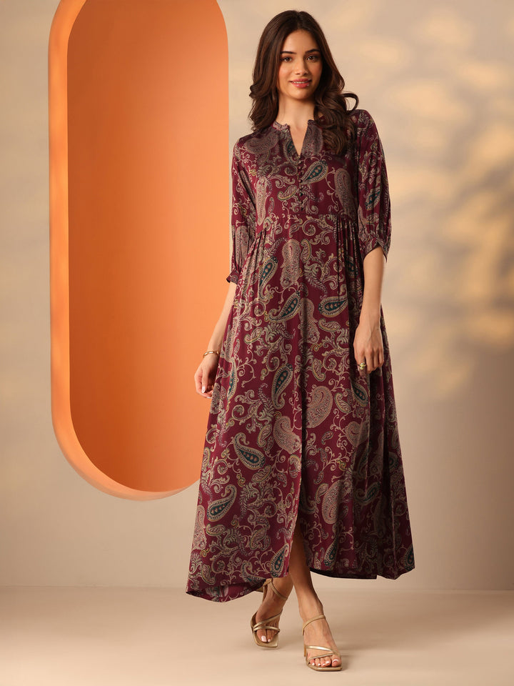 Maroon Printed Rayon Fit And Flare One Piece Dress