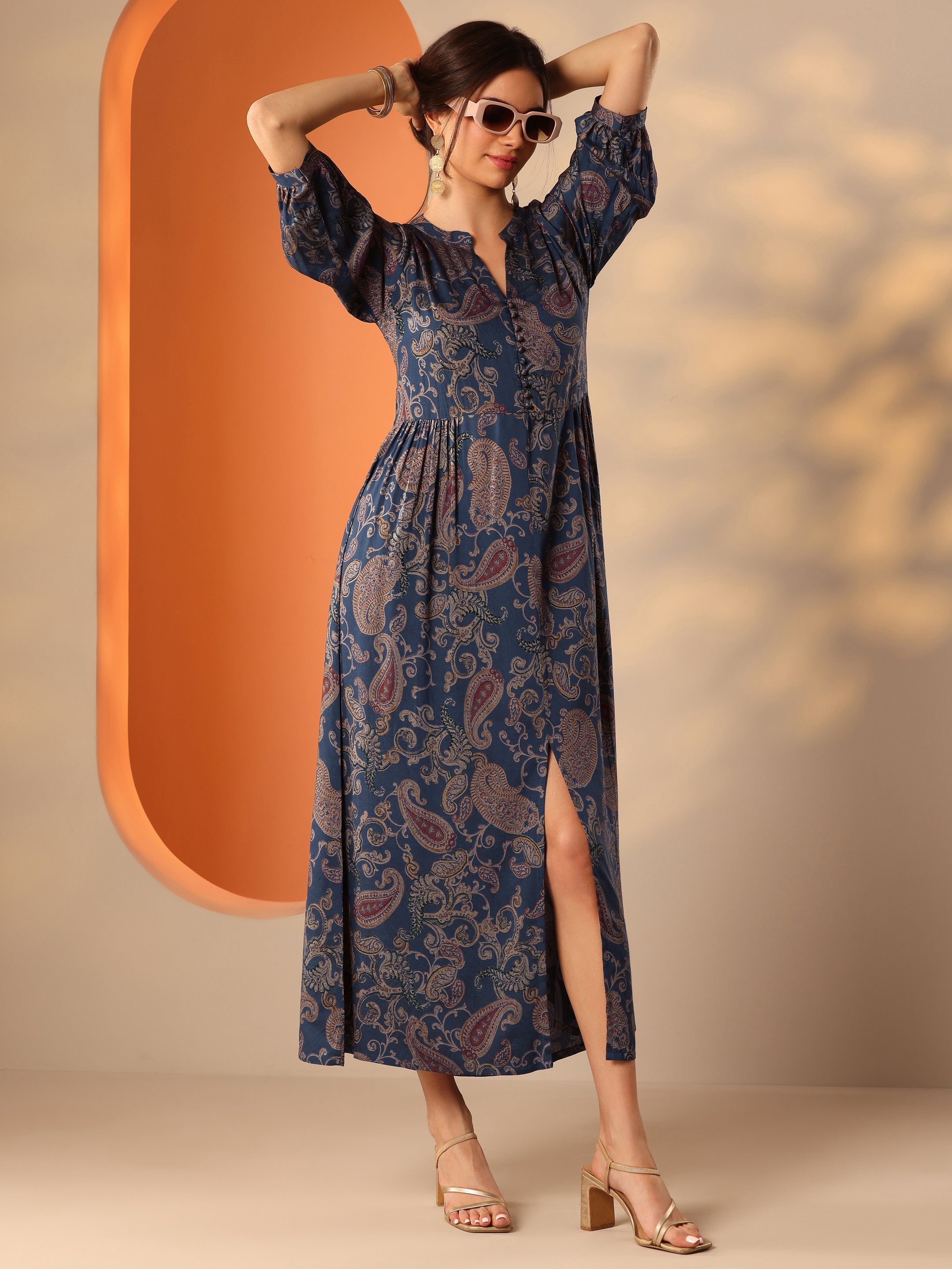 Buy Libas Blue Printed Rayon Fit And Flare One Piece Dress Online
