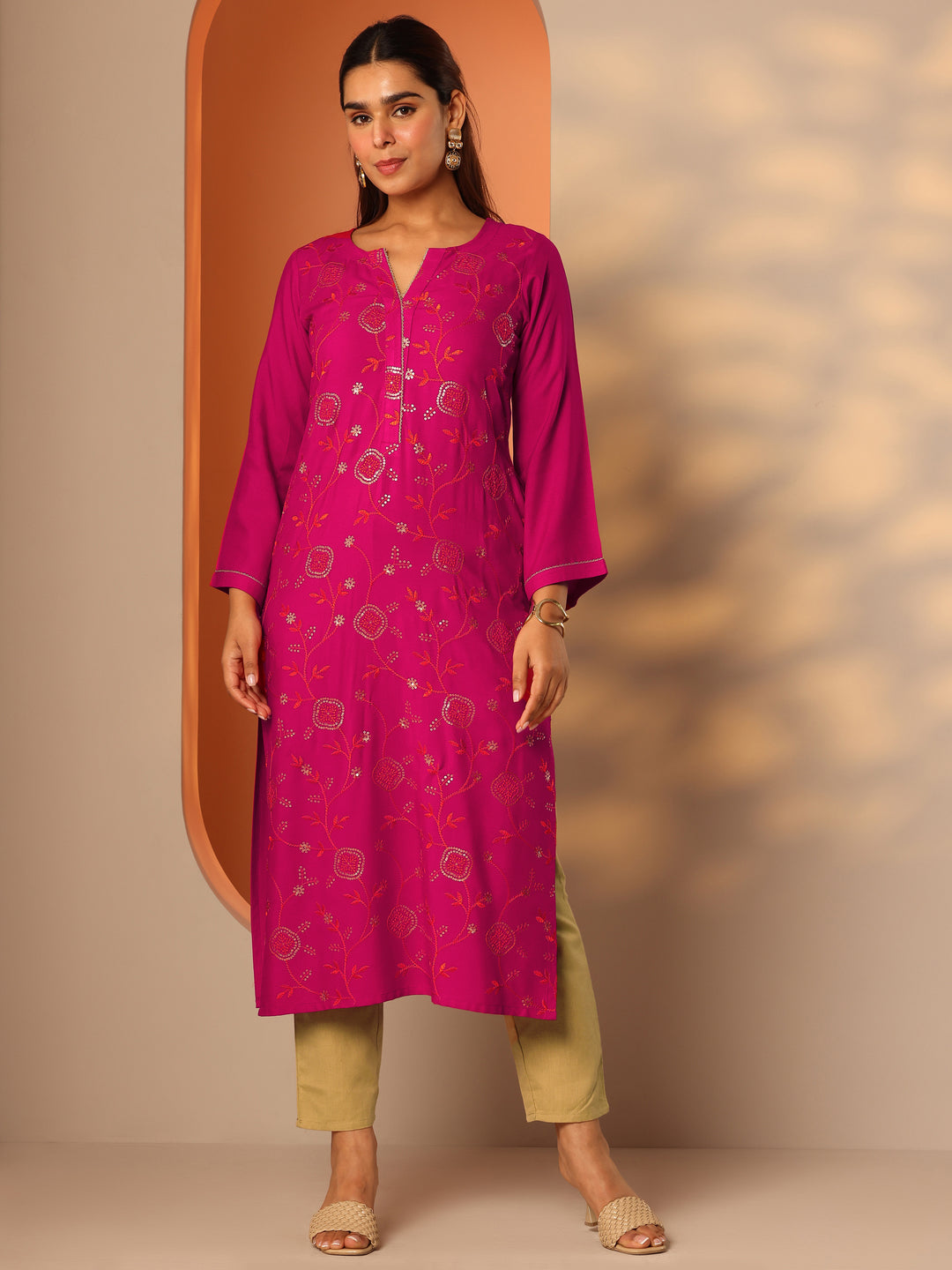 Pink Embroidered Rayon Straight Kurta