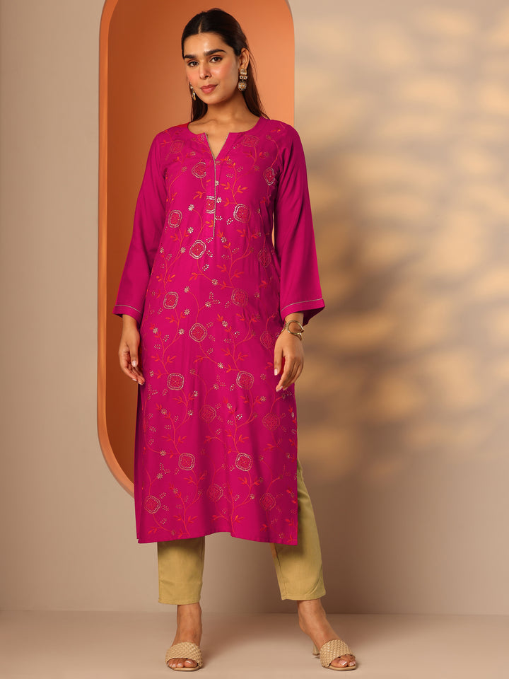 Pink Embroidered Rayon Straight Kurta