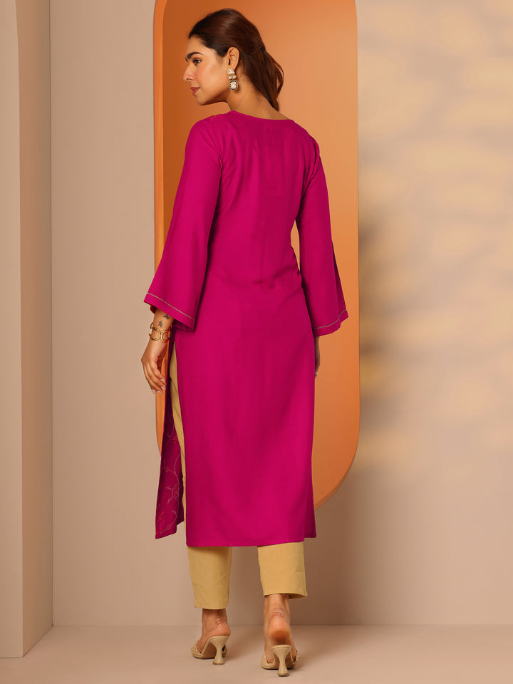 Pink Embroidered Rayon Straight Kurta