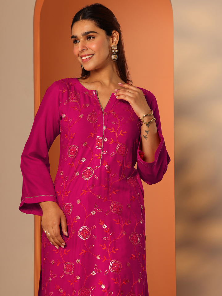 Pink Embroidered Rayon Straight Kurta