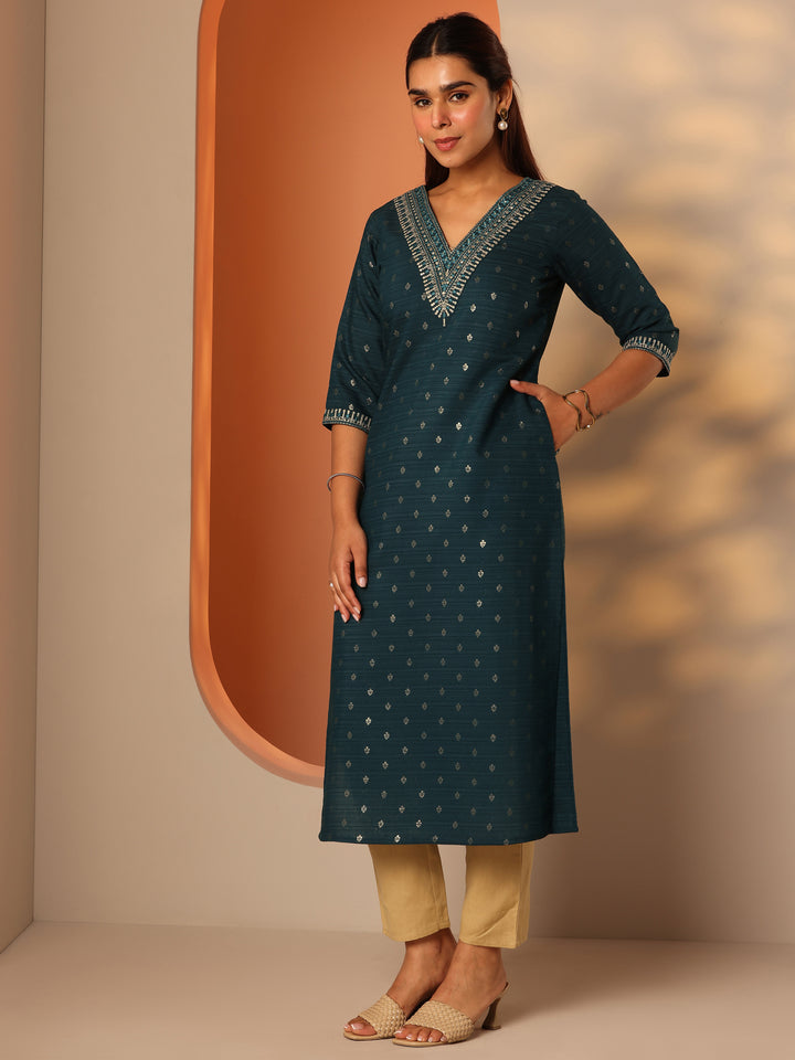Teal Embellished Silk Blend Straight Kurta