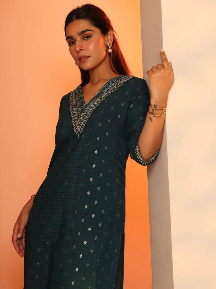 Teal Embellished Silk Blend Straight Kurta