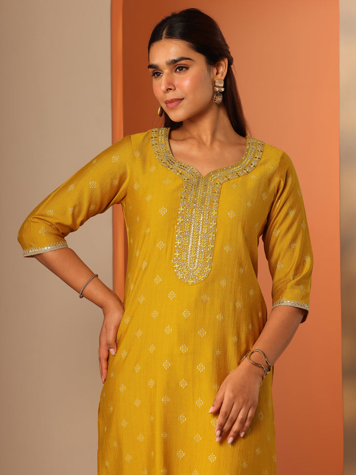 Yellow Woven Design Silk Blend Straight Kurta