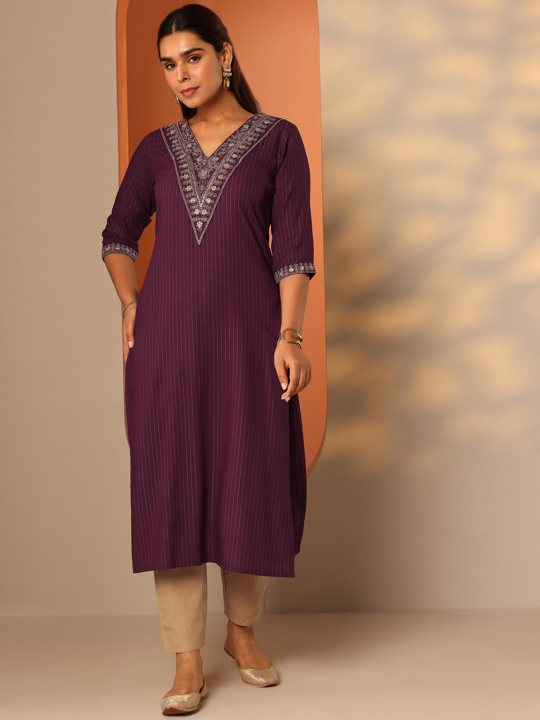 Burgundy Embellished Rayon Straight Kurta