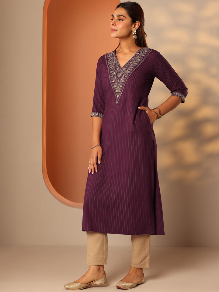 Burgundy Embellished Rayon Straight Kurta