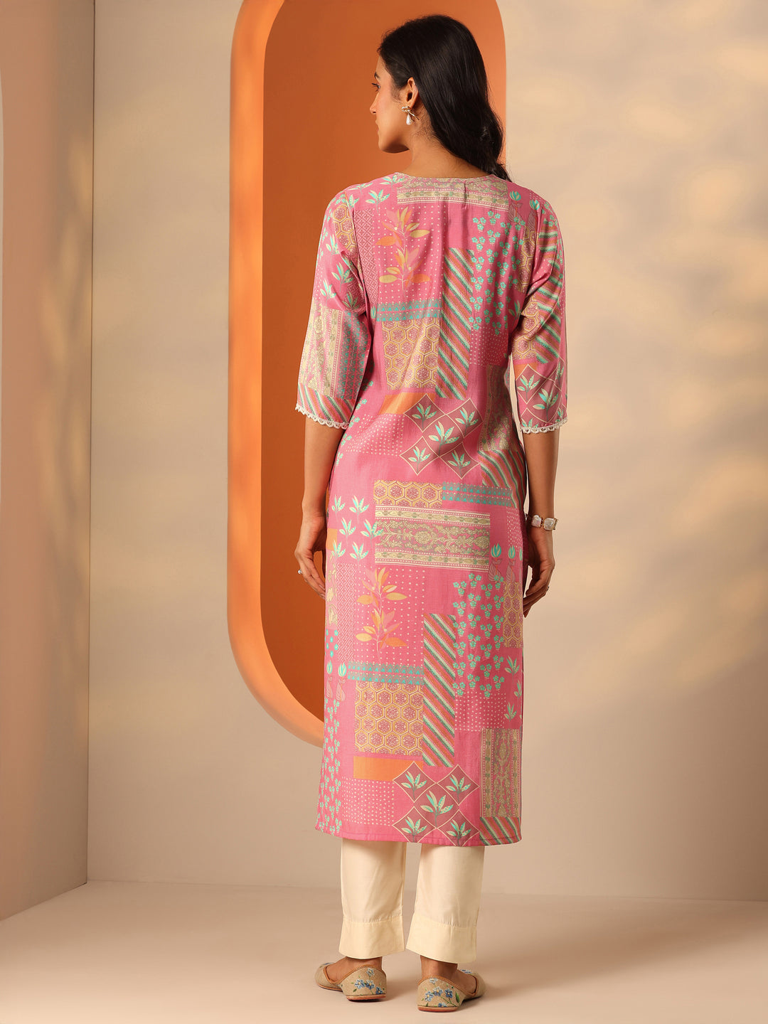 Pink Printed Silk Blend Straight Kurta