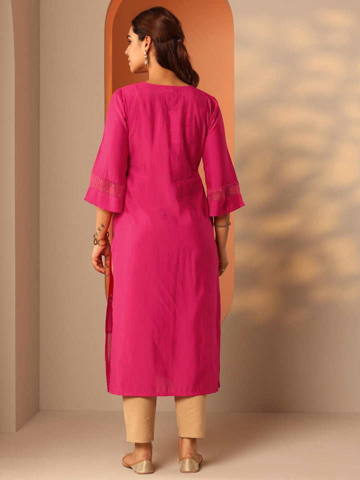 Pink Embroidered Silk Blend Straight Kurta