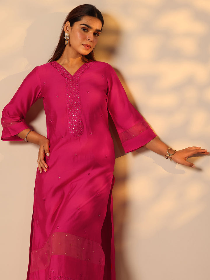 Pink Embroidered Silk Blend Straight Kurta