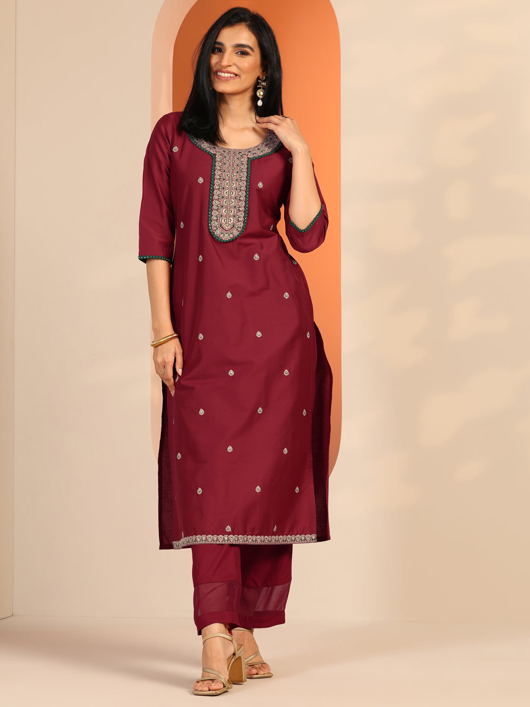Maroon Embroidered Silk Blend Straight Kurta