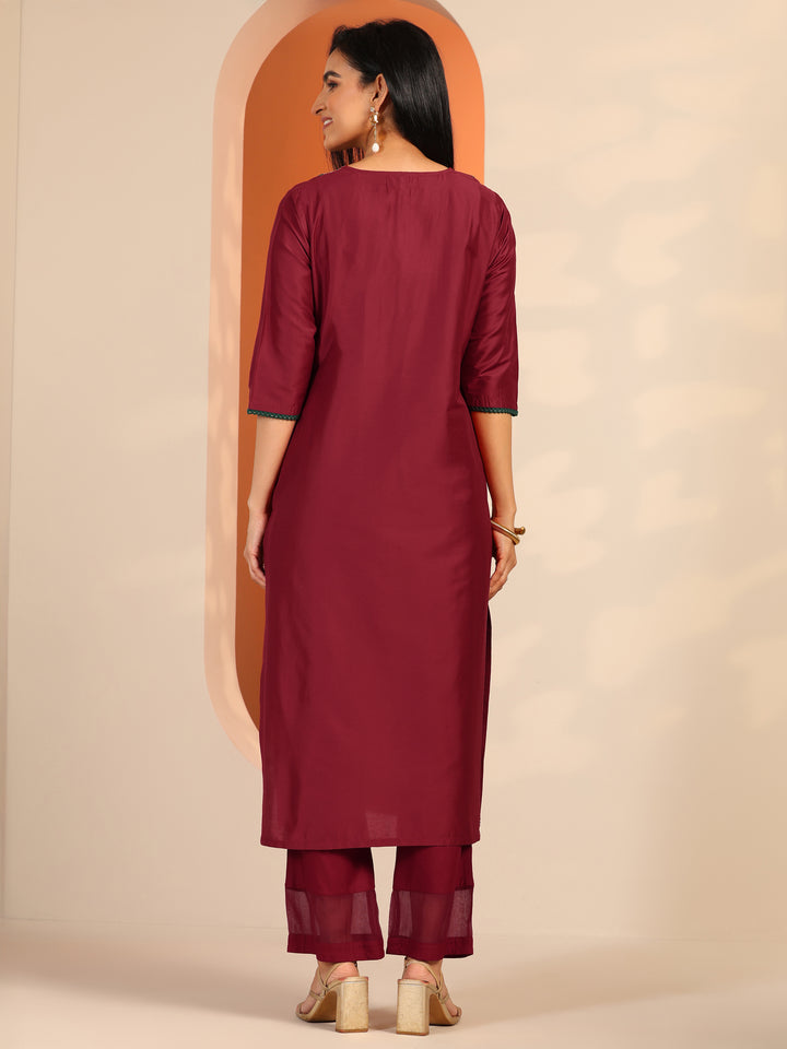 Maroon Embroidered Silk Blend Straight Kurta