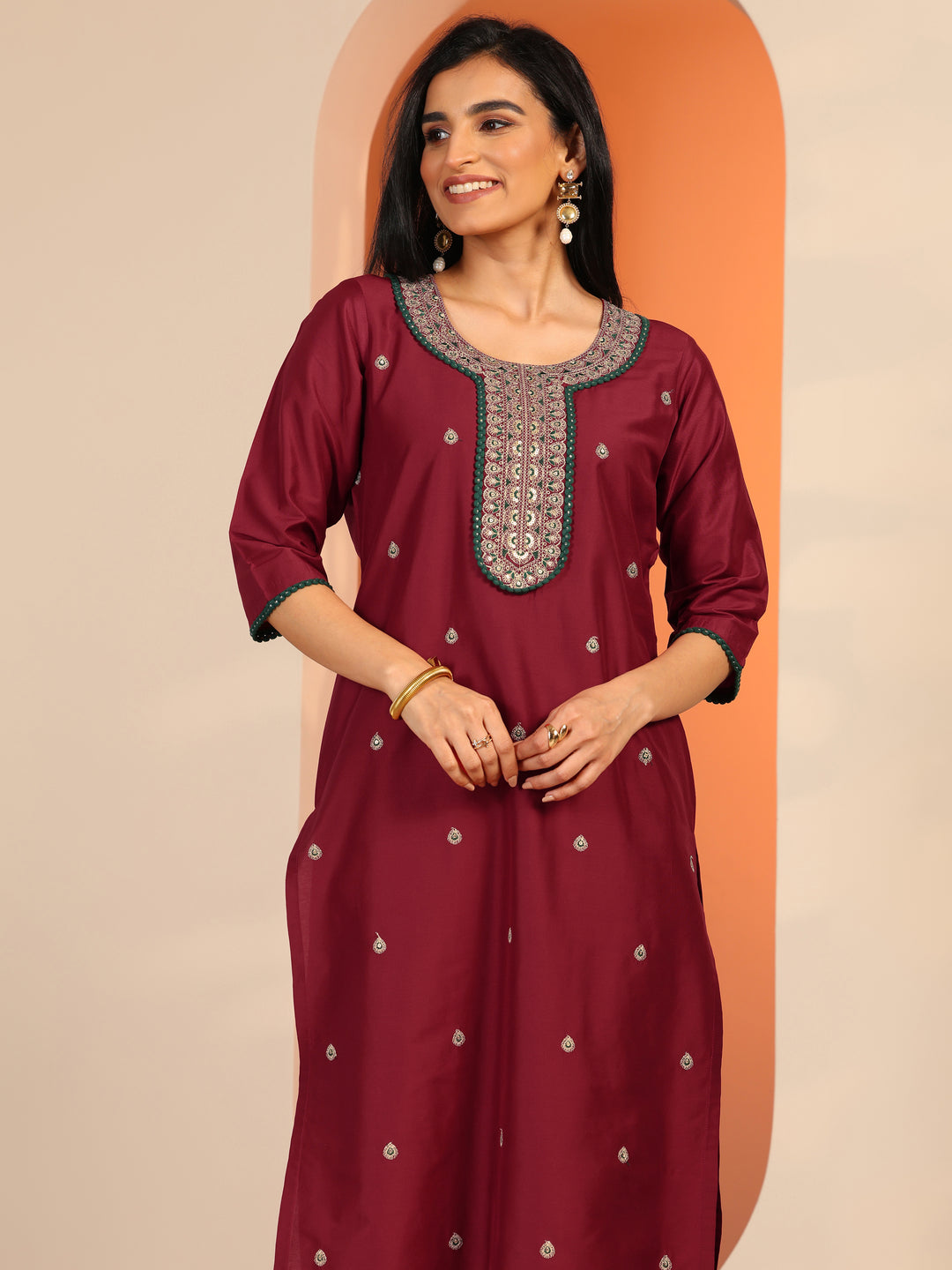 Maroon Embroidered Silk Blend Straight Kurta