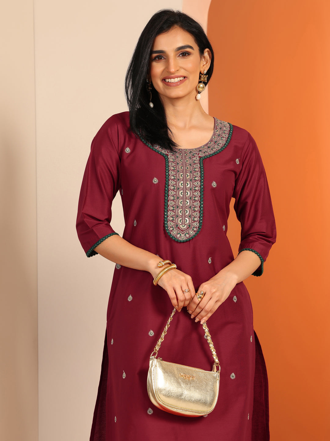 Maroon Embroidered Silk Blend Straight Kurta
