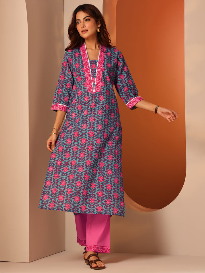 Blue Printed Cotton Straight Kurta
