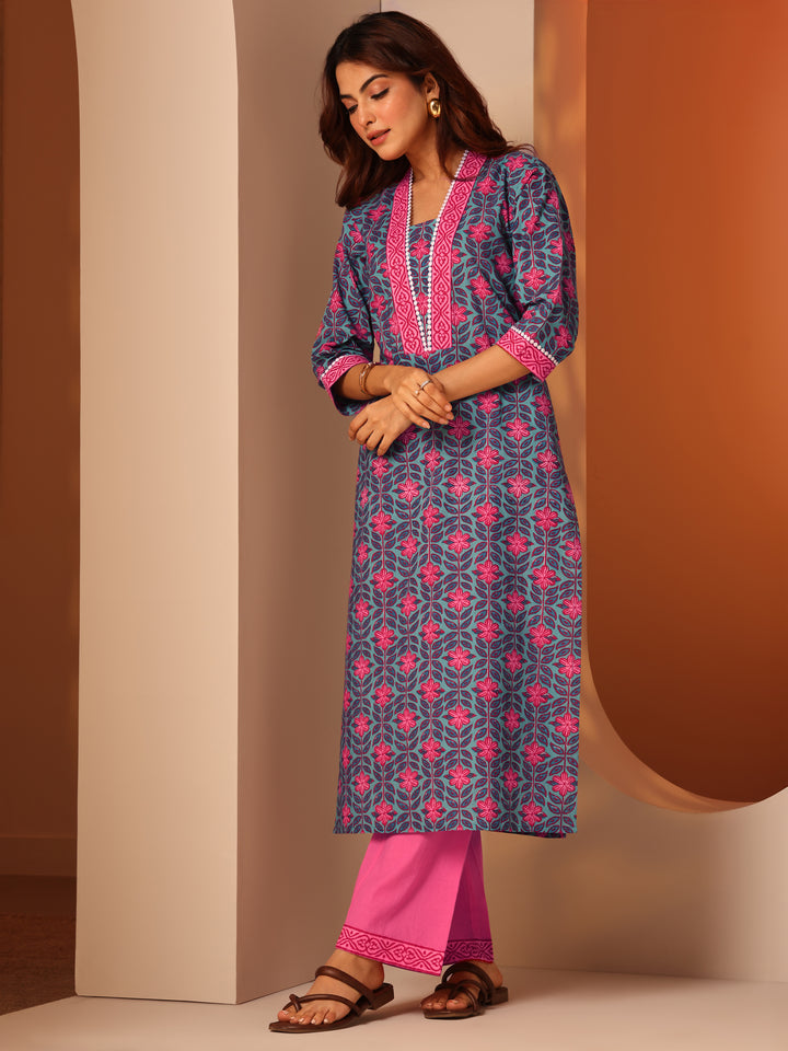 Blue Printed Cotton Straight Kurta