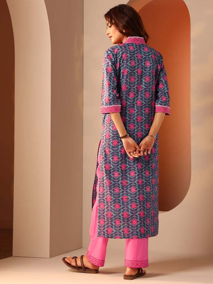 Blue Printed Cotton Straight Kurta