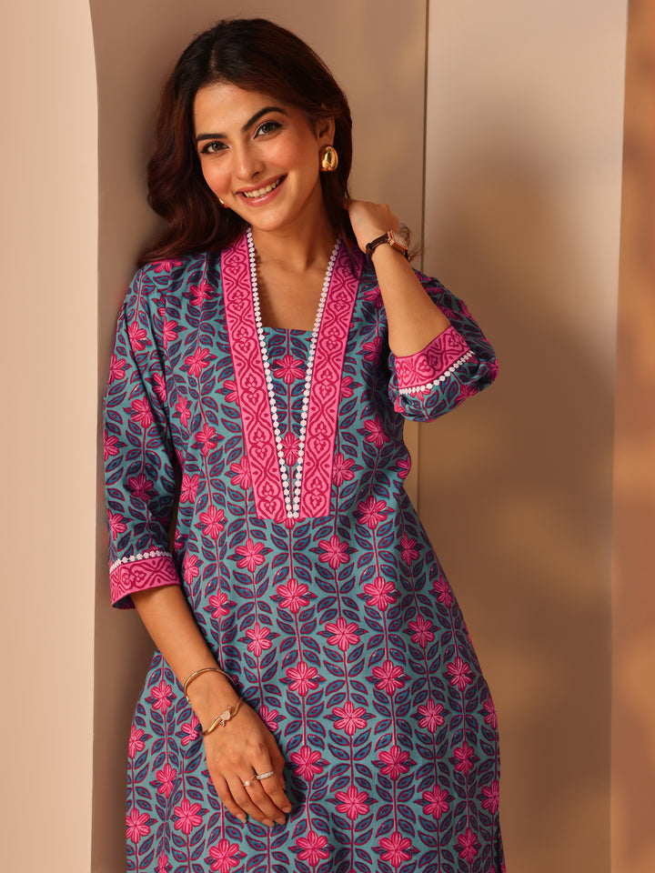 Blue Printed Cotton Straight Kurta