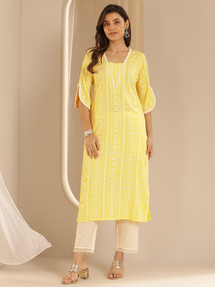 Yellow Printed Rayon Straight Kurta