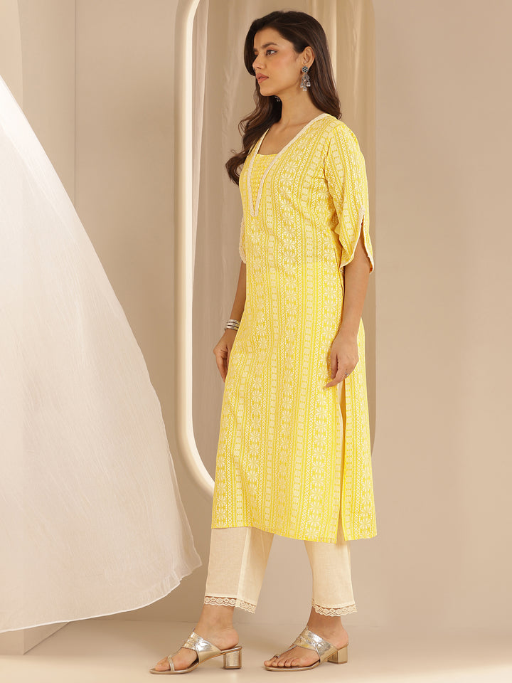 Yellow Printed Rayon Straight Kurta