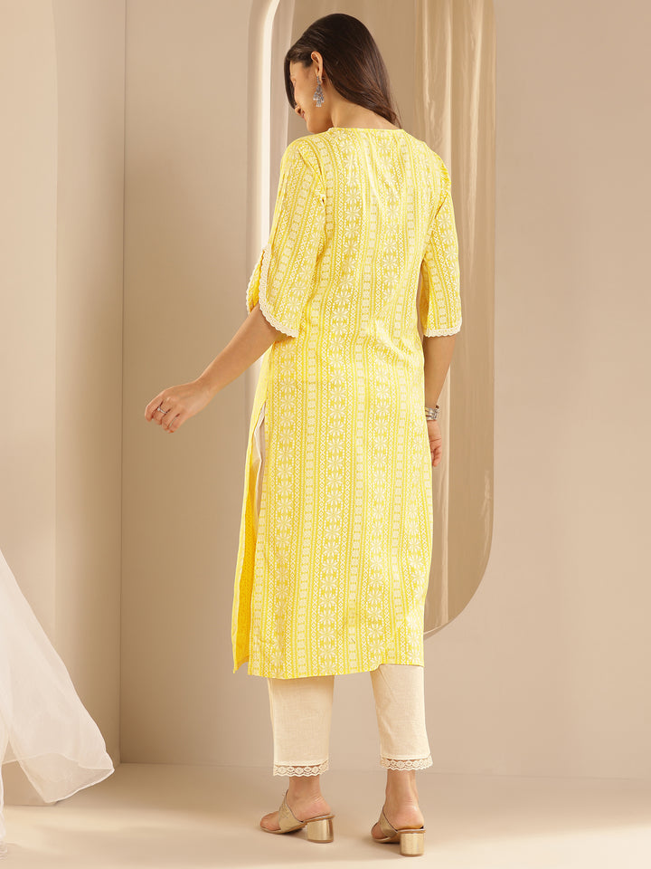 Yellow Printed Rayon Straight Kurta