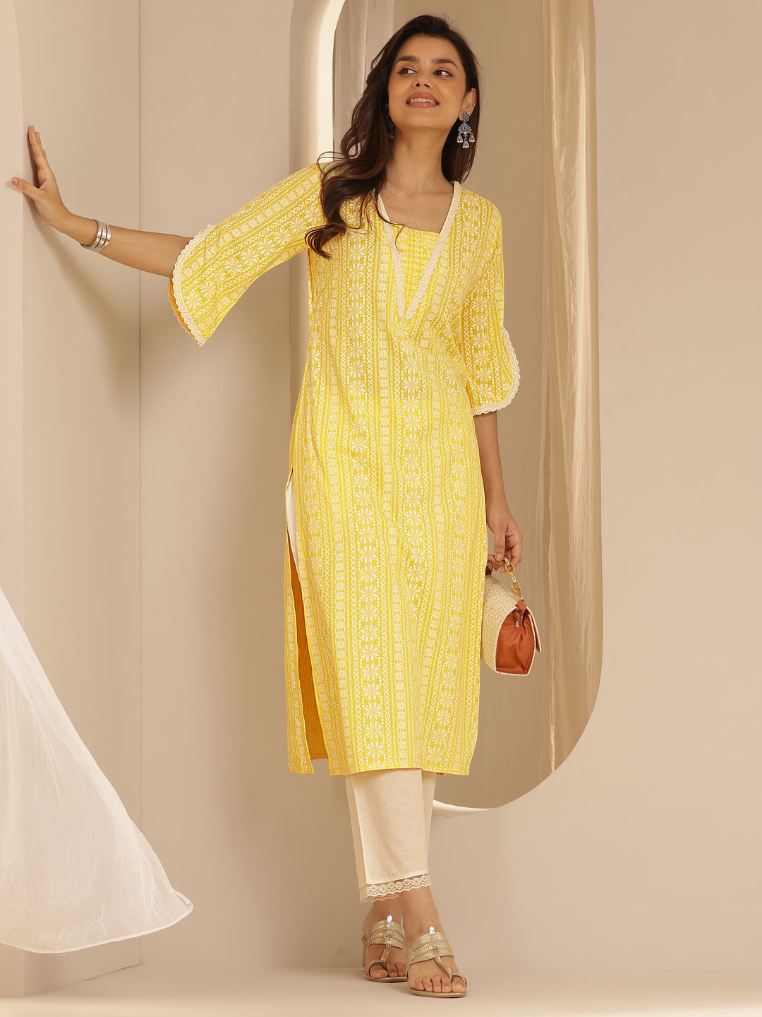 Yellow Printed Rayon Straight Kurta