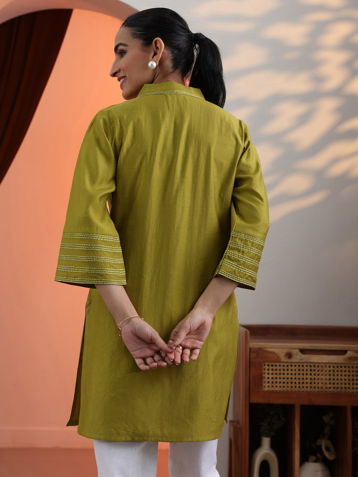Green Solid Silk Blend Straight Short Kurti