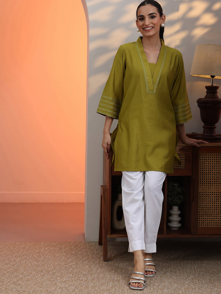 Green Solid Silk Blend Straight Short Kurti