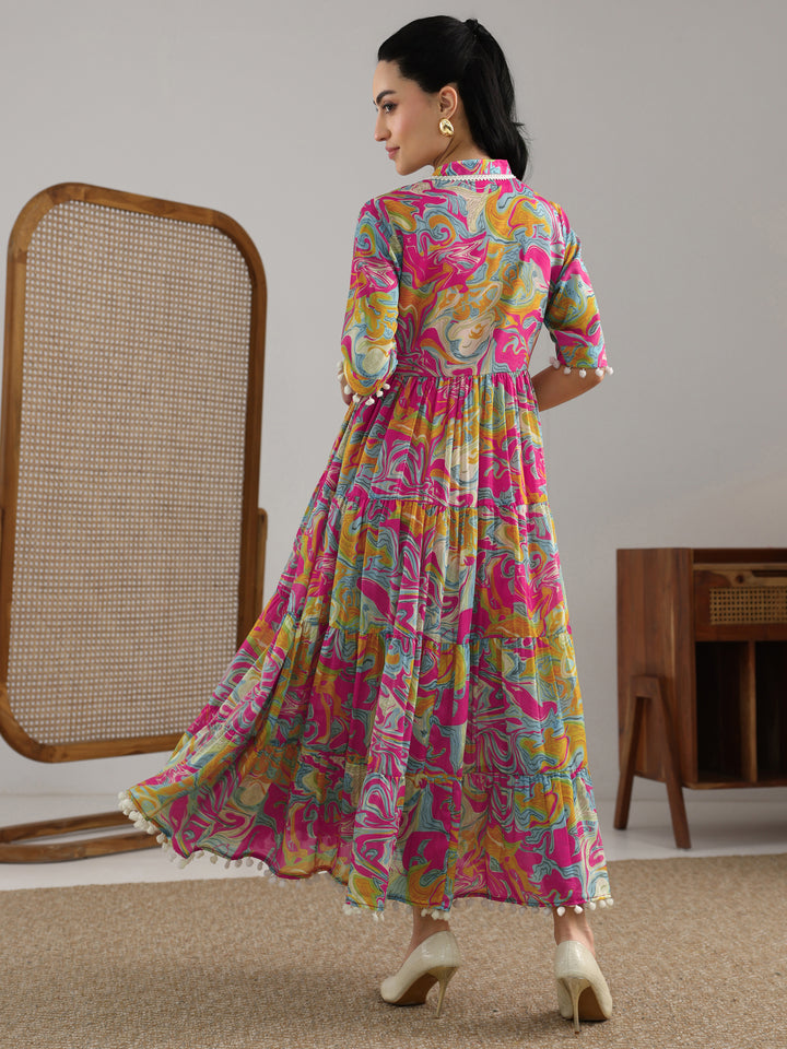 Multi Printed Silk Blend Fit And Flare One Piece Dress