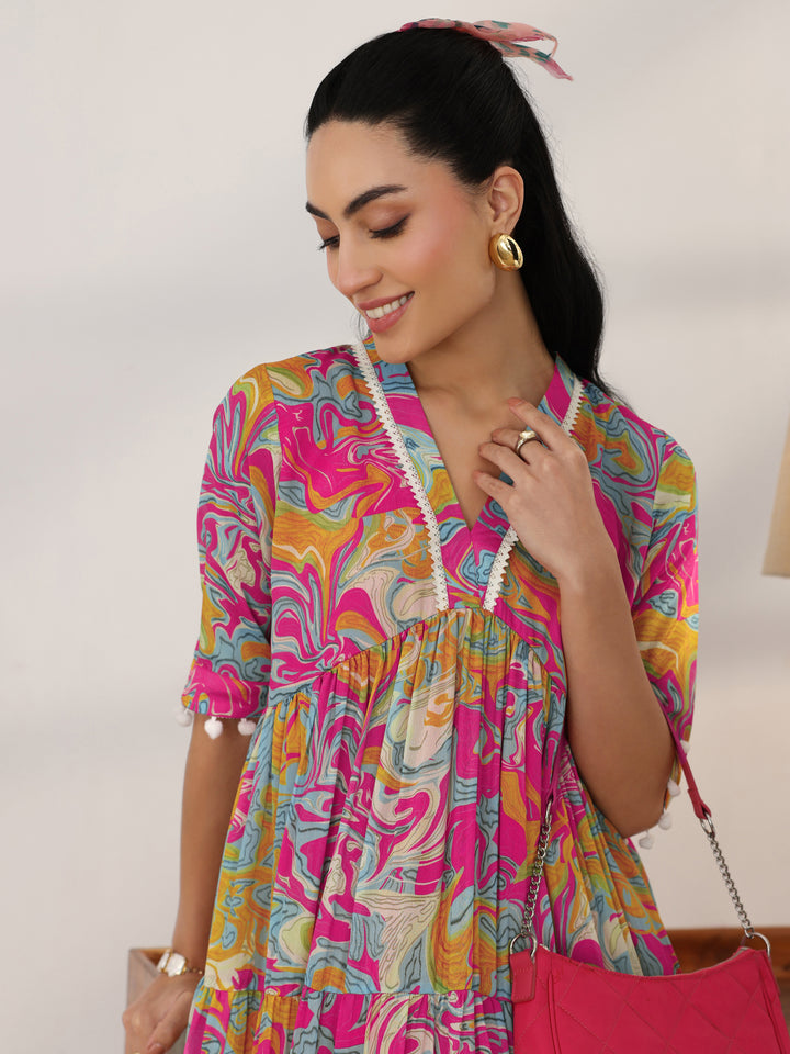 Multi Printed Silk Blend Fit And Flare One Piece Dress