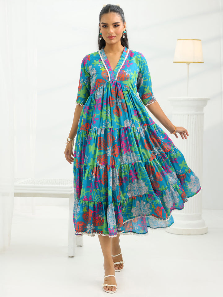 Blue Printed Silk Blend Fit And Flare One Piece Dress