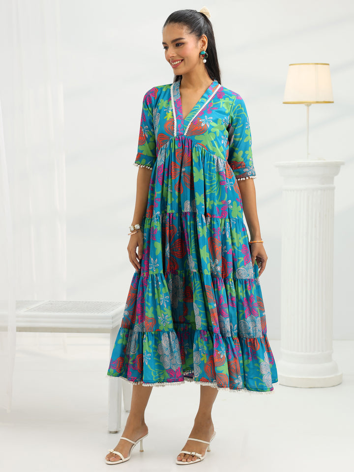 Blue Printed Silk Blend Fit And Flare One Piece Dress