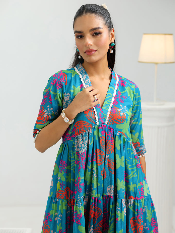 Blue Printed Silk Blend Fit And Flare One Piece Dress