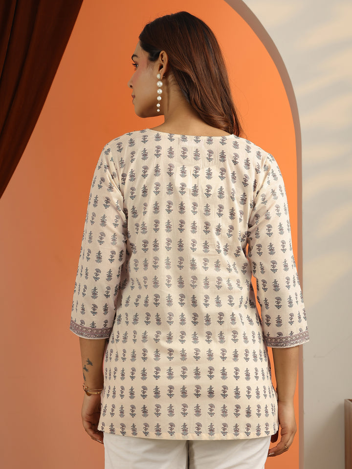 Off White Printed Cotton Straight Short Kurti