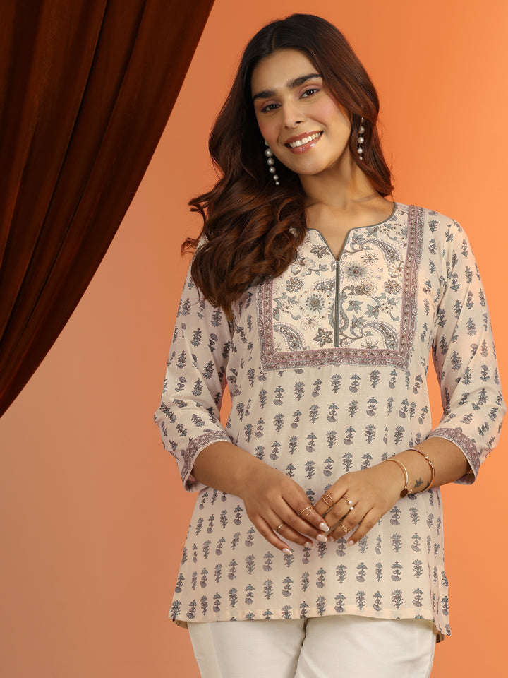 Off White Printed Cotton Straight Short Kurti