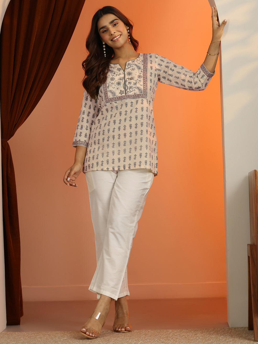 Off White Printed Cotton Straight Short Kurti