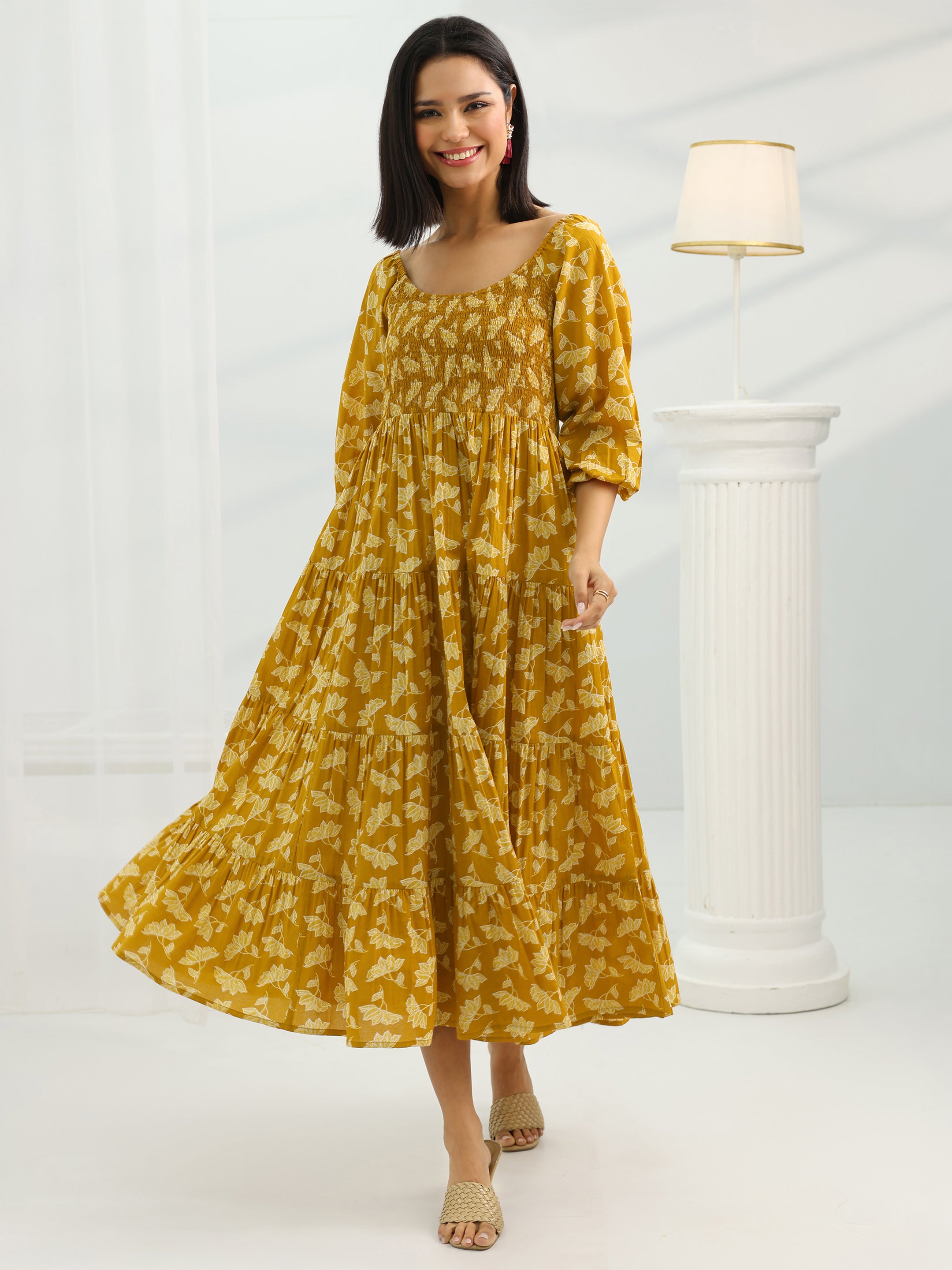 Buy Mustard Printed Cotton Fit And Flare One Piece Dress Online in USA