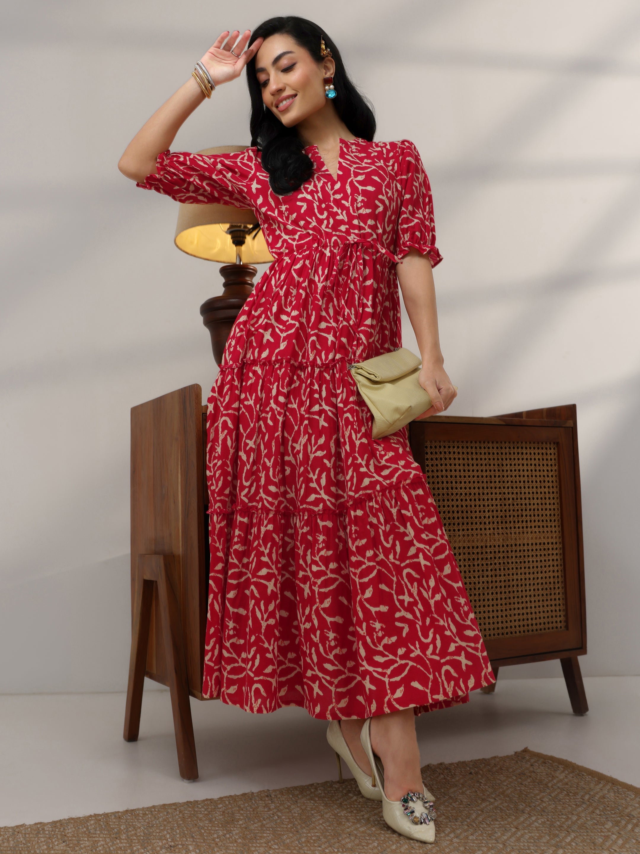long one piece dress for women Libas Red Printed Cotton Fit And Flare KD252WCD209 In Real Time T-Shirt HAPPY SHOPPING Size:Custom size Midi lenght