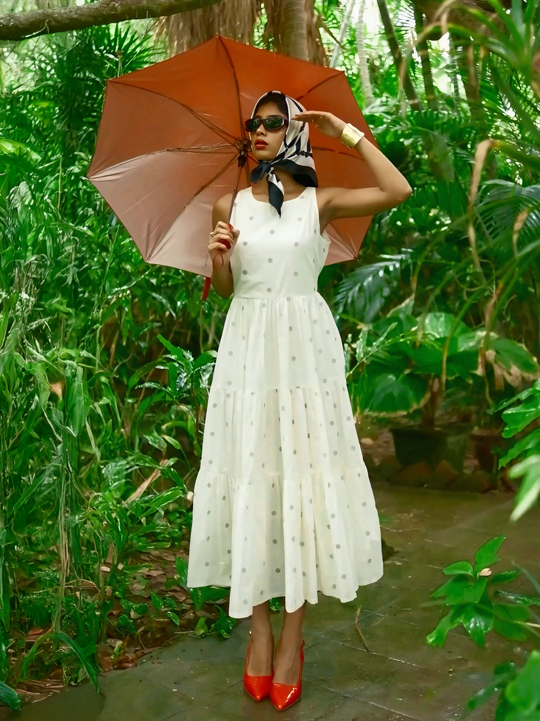 Libas Off White Printed Cotton Tiered Fit And Flare One Piece Dress Libas Off White Printed Cotton Tiered Fit And Flare One Piece Dress