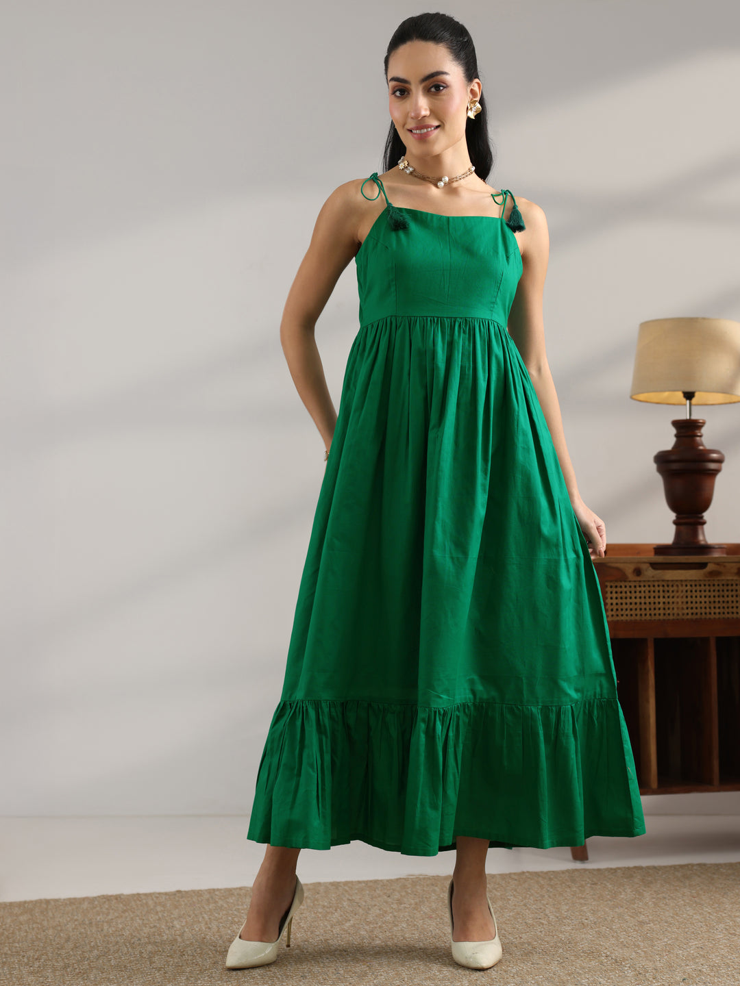 Green Solid Cotton Fit And Flare One Piece Dress