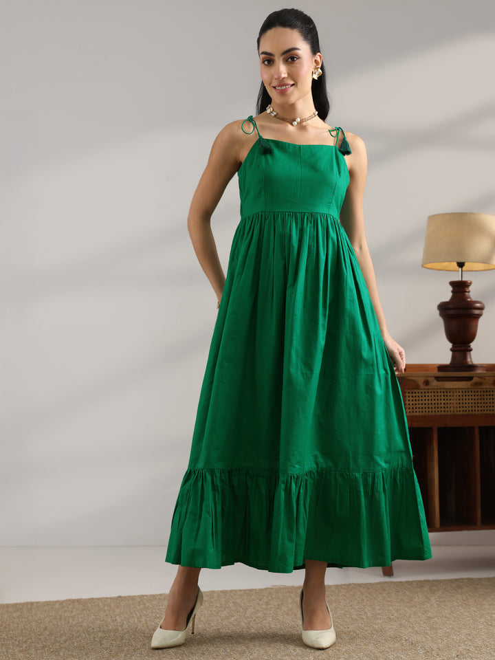 Green Solid Cotton Fit And Flare One Piece Dress