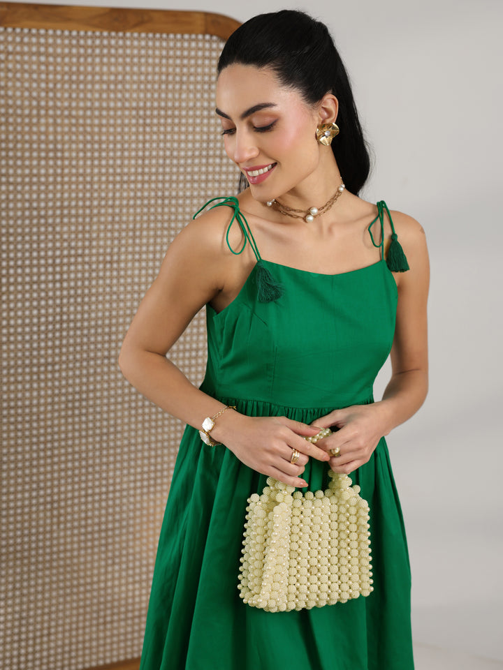 Green Solid Cotton Fit And Flare One Piece Dress