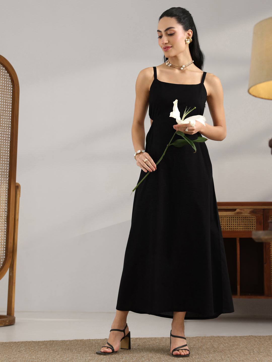 Black Solid Cotton Cut Out Fit And Flare One Piece Dress