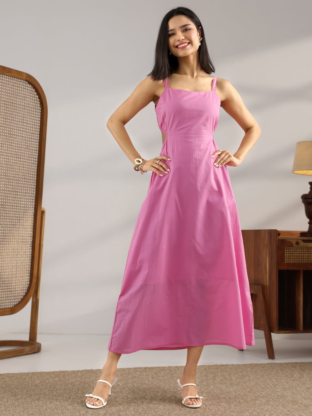 Pink Solid Cotton Cut Out Fit And Flare One Piece Dress