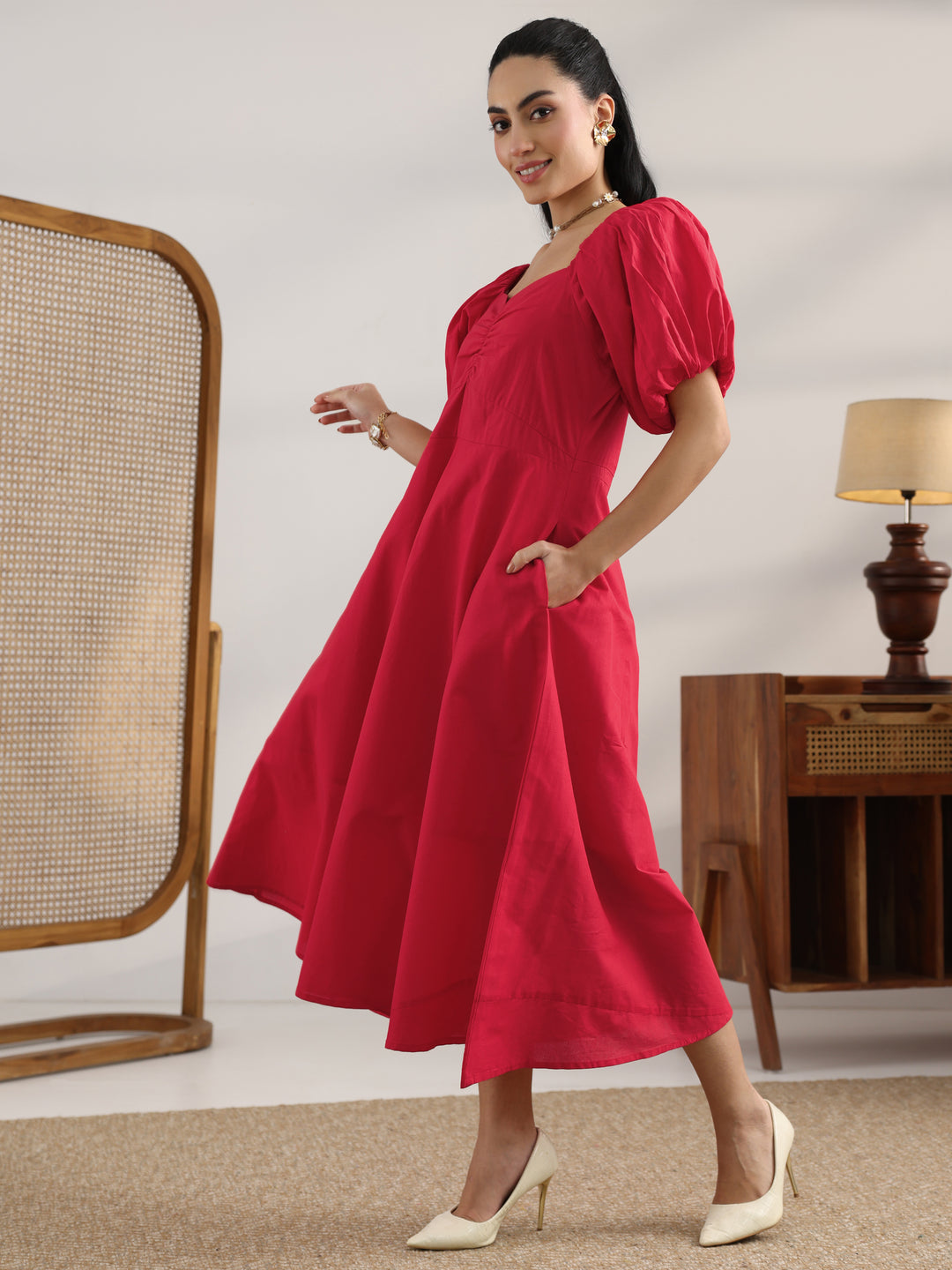 Red Solid Cotton A-Line One Piece Dress