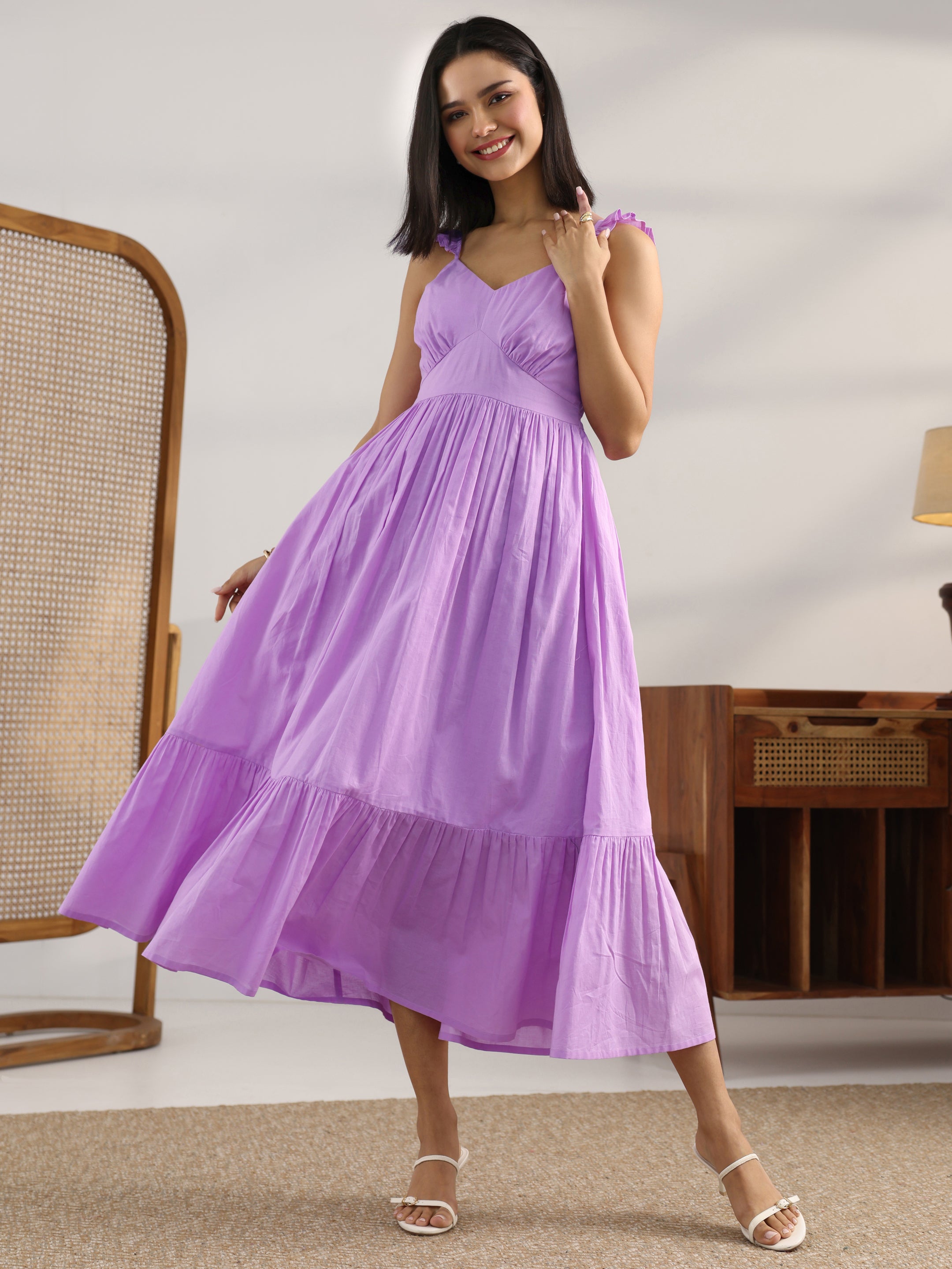 Lavender Solid Cotton Fit And Flare One Piece Dress Lavender Solid Cotton Fit And Flare One Piece Dress